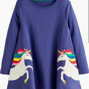 Mini Boden Applique Rainbow Unicorn Long Sleeve Cotton Dress | 9 - 10 YO